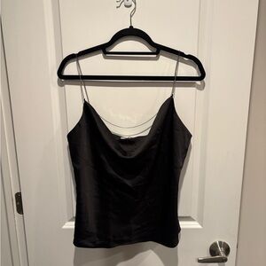 Astr Black Satin Cowl Neck Top with Chain Straps *flawed